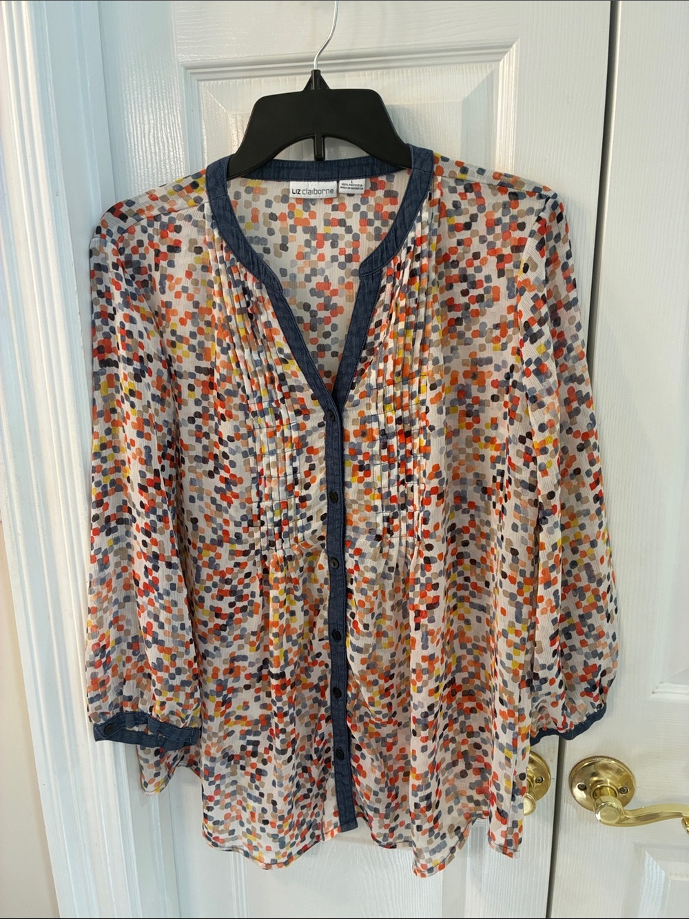 Liz Claiborne Semi Sheer Multicolor Dot Blouse with Denim Trim SZ L